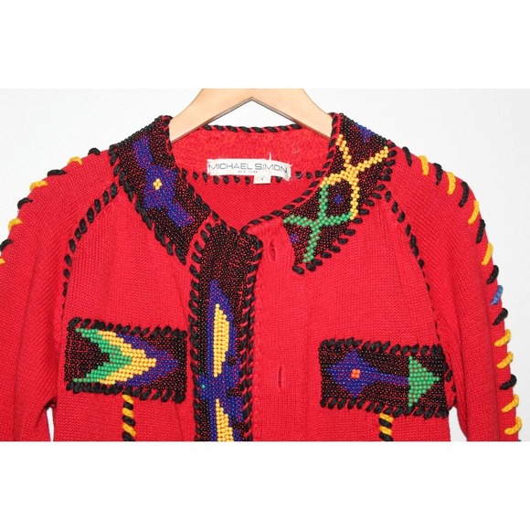Vintage 90's Michael Simon Beaded Cardigan Thick Knit Sweater Red Size 1 H14823 - Picture 4 of 12